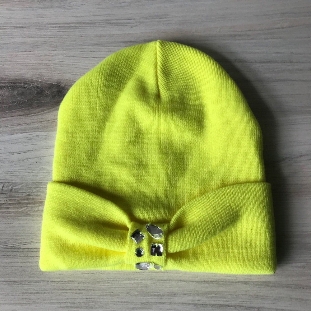 Betsey Johnson Neon Yellow Beanie Hat with Jewels